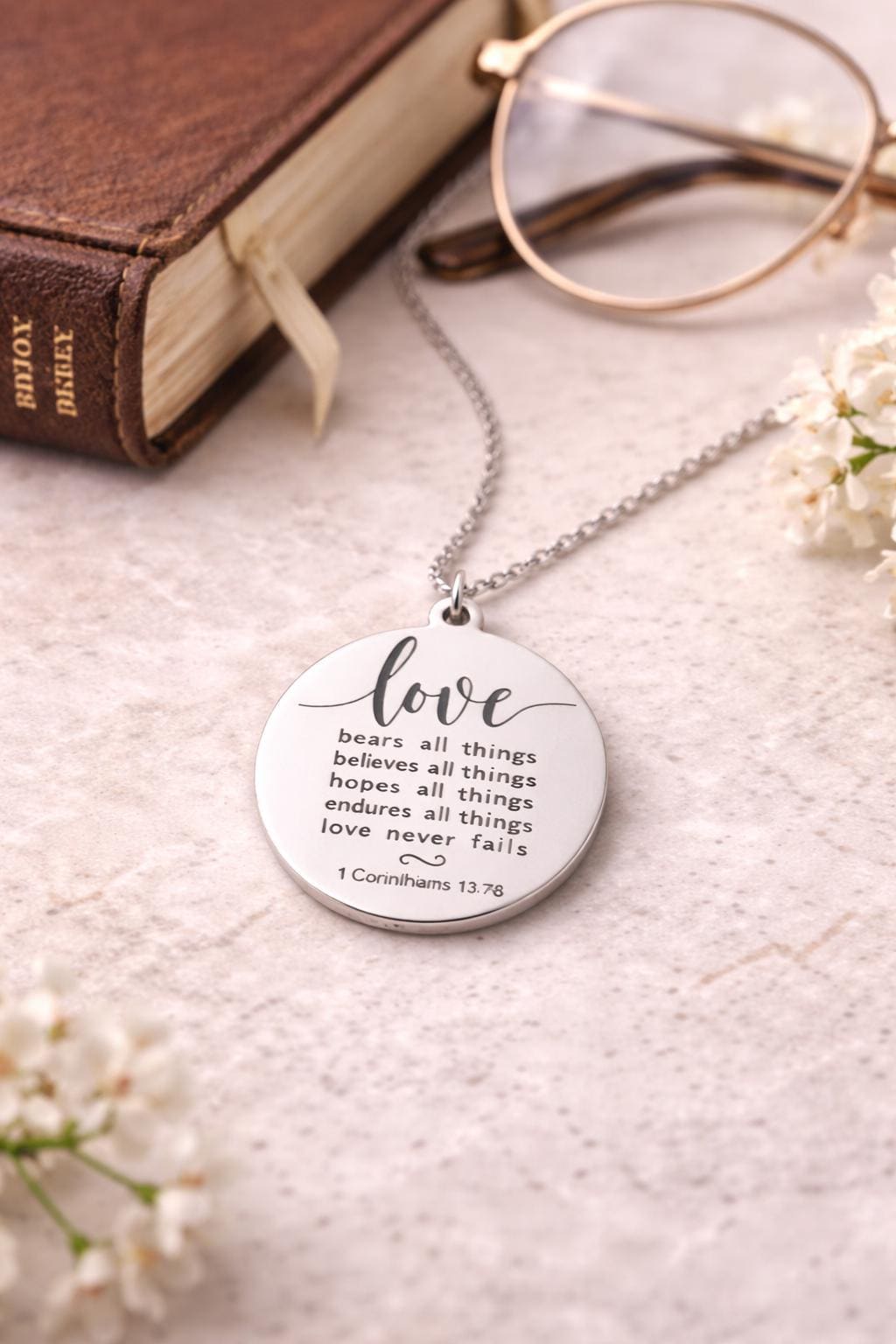 Wedding Gift Necklace, 1 Corinthians 13:7-8 Love Never Fails, Bridal Gift for Bride, Bridesmaid Gift, Christian Wedding Jewelry, Faith Gift