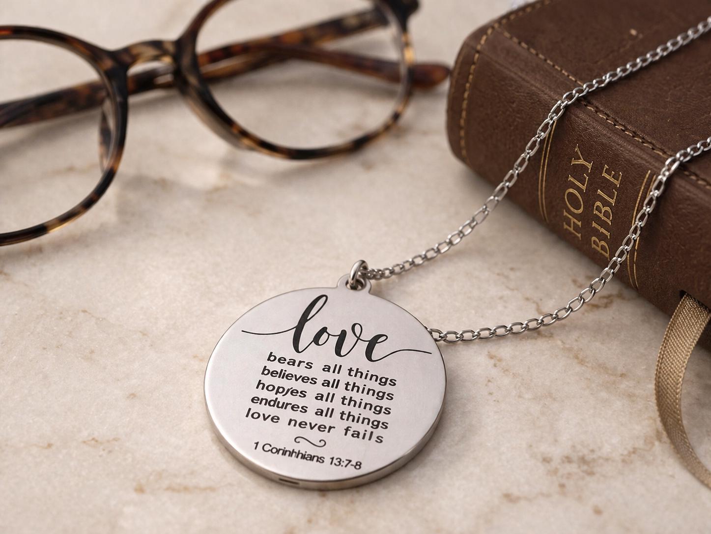 Wedding Gift Necklace, 1 Corinthians 13:7-8 Love Never Fails, Bridal Gift for Bride, Bridesmaid Gift, Christian Wedding Jewelry, Faith Gift