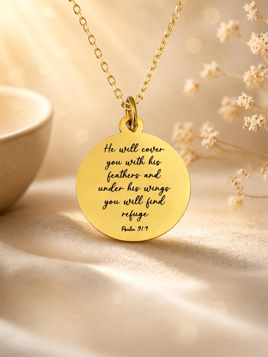 Psalm 91:4 Necklace, He Will Cover You With His Feathers Necklace, Christian Gifts Faith Jewelry, Bible Verse Necklace, Inspirational Gift