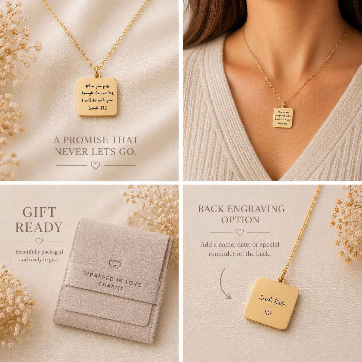 When You Go Through Deep Waters Necklace, Isaiah 43:2 Christian Necklace, Faith Jewelry Gift for Her, Encouragement Gift, Bible Verse Charm