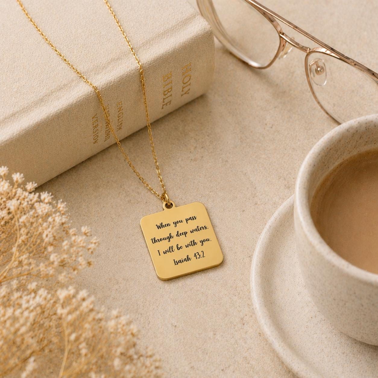 When You Go Through Deep Waters Necklace, Isaiah 43:2 Christian Necklace, Faith Jewelry Gift for Her, Encouragement Gift, Bible Verse Charm