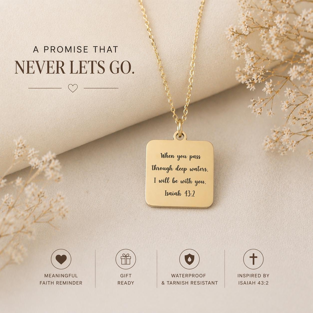 When You Go Through Deep Waters Necklace, Isaiah 43:2 Christian Necklace, Faith Jewelry Gift for Her, Encouragement Gift, Bible Verse Charm