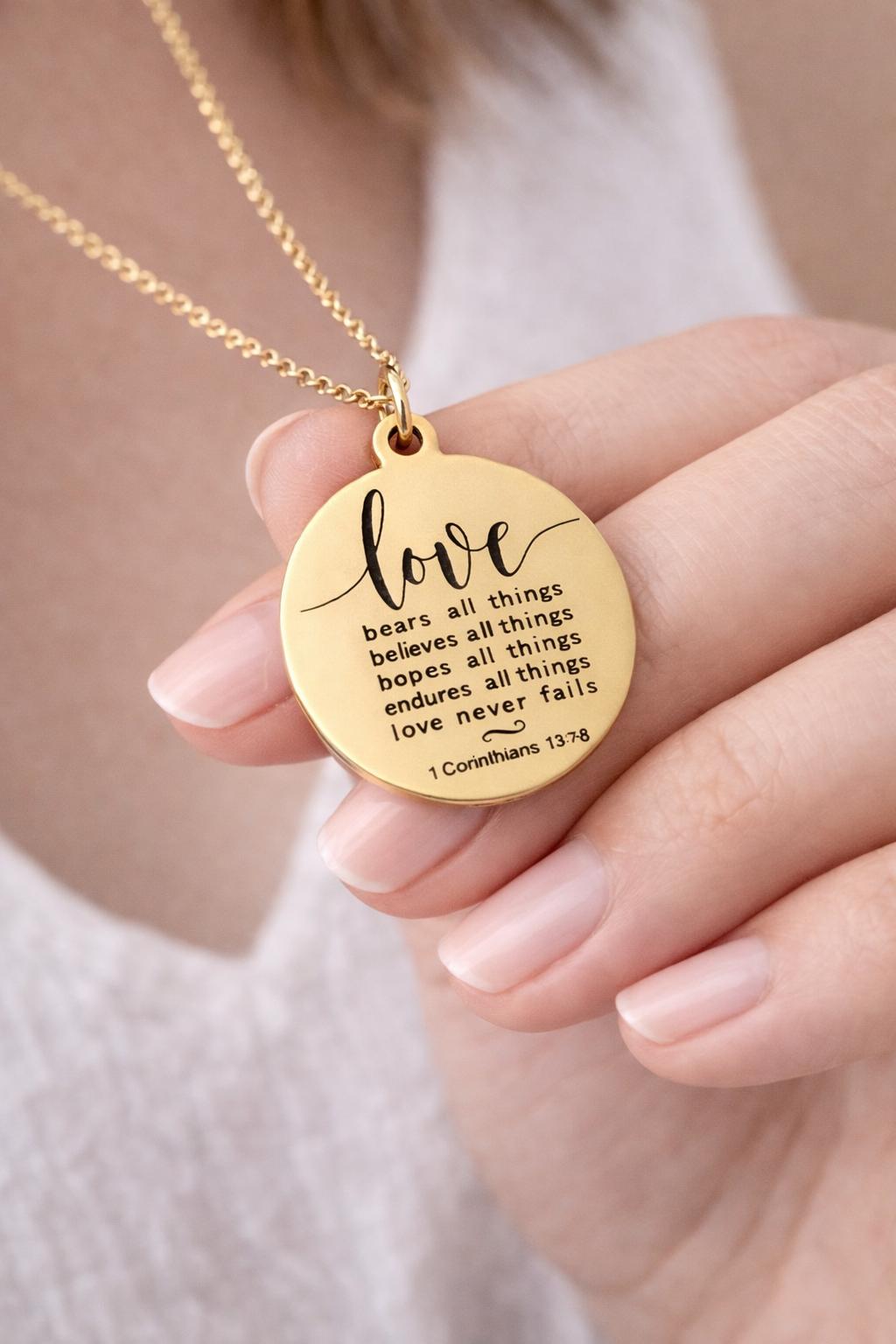 Wedding Gift Necklace, 1 Corinthians 13:7-8 Love Never Fails, Bridal Gift for Bride, Bridesmaid Gift, Christian Wedding Jewelry, Faith Gift