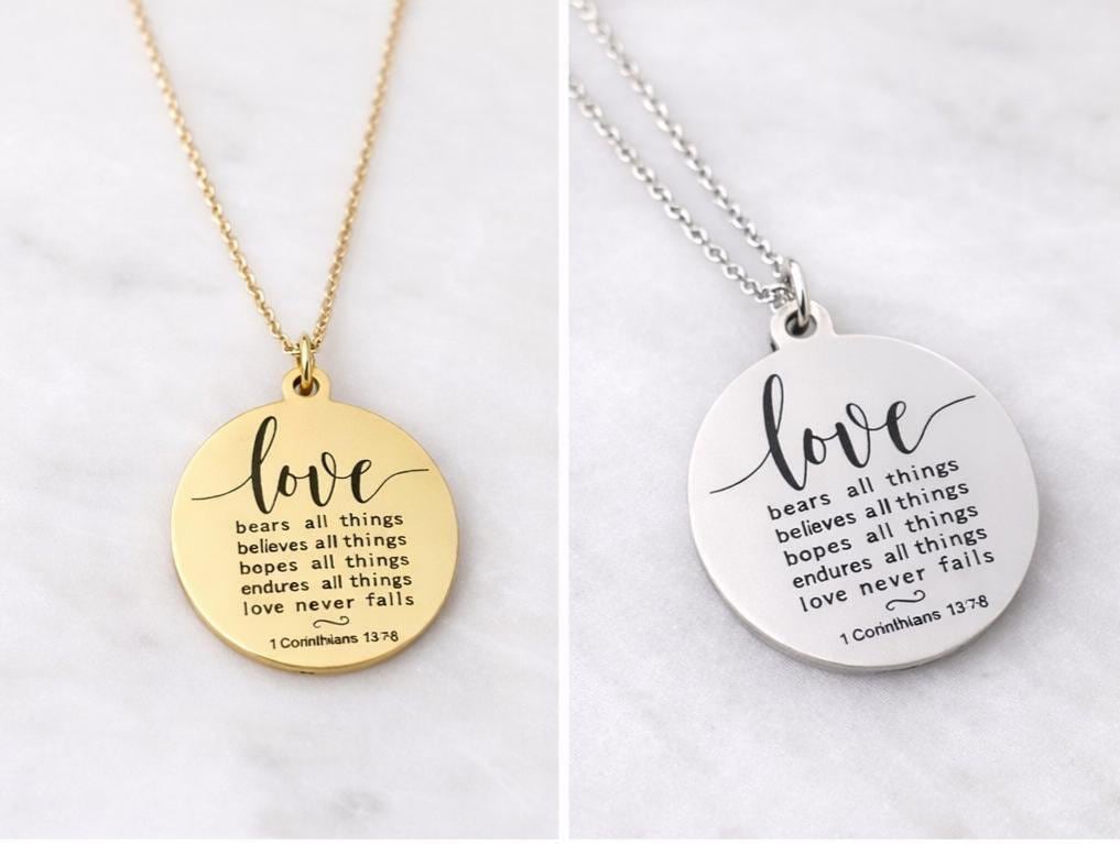 Wedding Gift Necklace, 1 Corinthians 13:7-8 Love Never Fails, Bridal Gift for Bride, Bridesmaid Gift, Christian Wedding Jewelry, Faith Gift