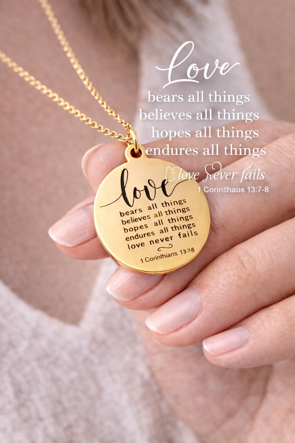 Wedding Gift Necklace, 1 Corinthians 13:7-8 Love Never Fails, Bridal Gift for Bride, Bridesmaid Gift, Christian Wedding Jewelry, Faith Gift