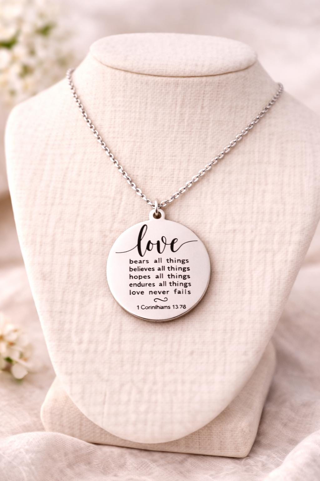 Wedding Gift Necklace, 1 Corinthians 13:7-8 Love Never Fails, Bridal Gift for Bride, Bridesmaid Gift, Christian Wedding Jewelry, Faith Gift