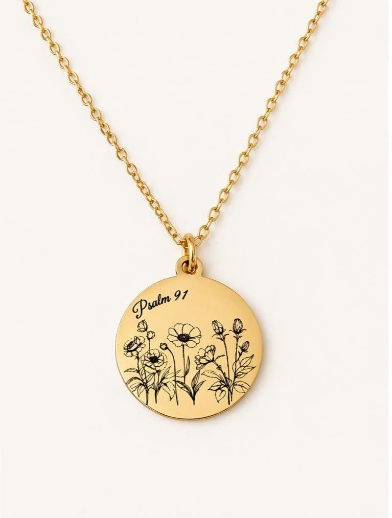 Psalm 91 Necklace for Protection | Engraved Flower Bouquet Pendant | Christian Gift for Women | Faith Jewelry Mothers Day Gift