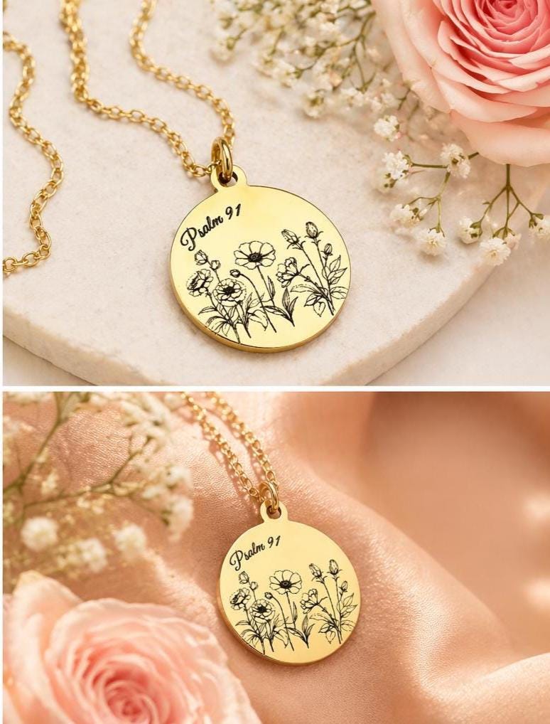 Psalm 91 Necklace for Protection | Engraved Flower Bouquet Pendant | Christian Gift for Women | Faith Jewelry Mothers Day Gift