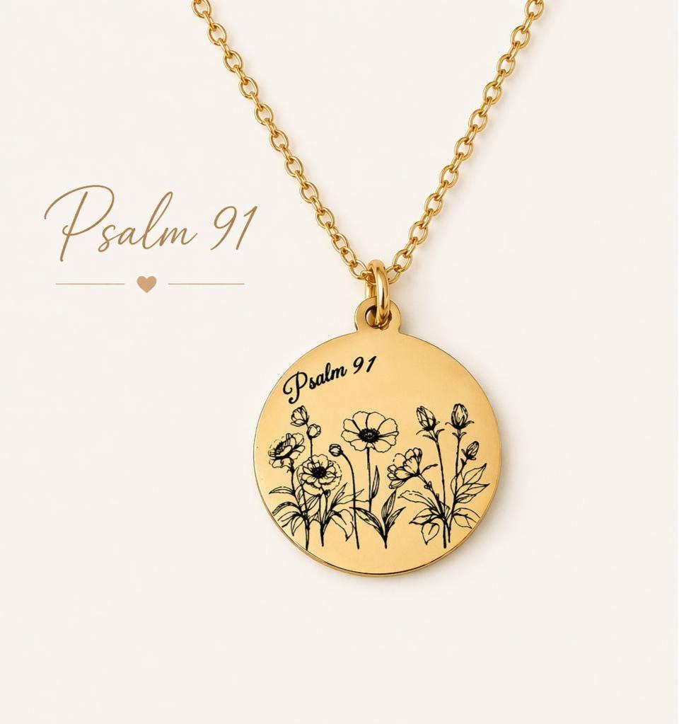 Psalm 91 Necklace for Protection | Engraved Flower Bouquet Pendant | Christian Gift for Women | Faith Jewelry Mothers Day Gift
