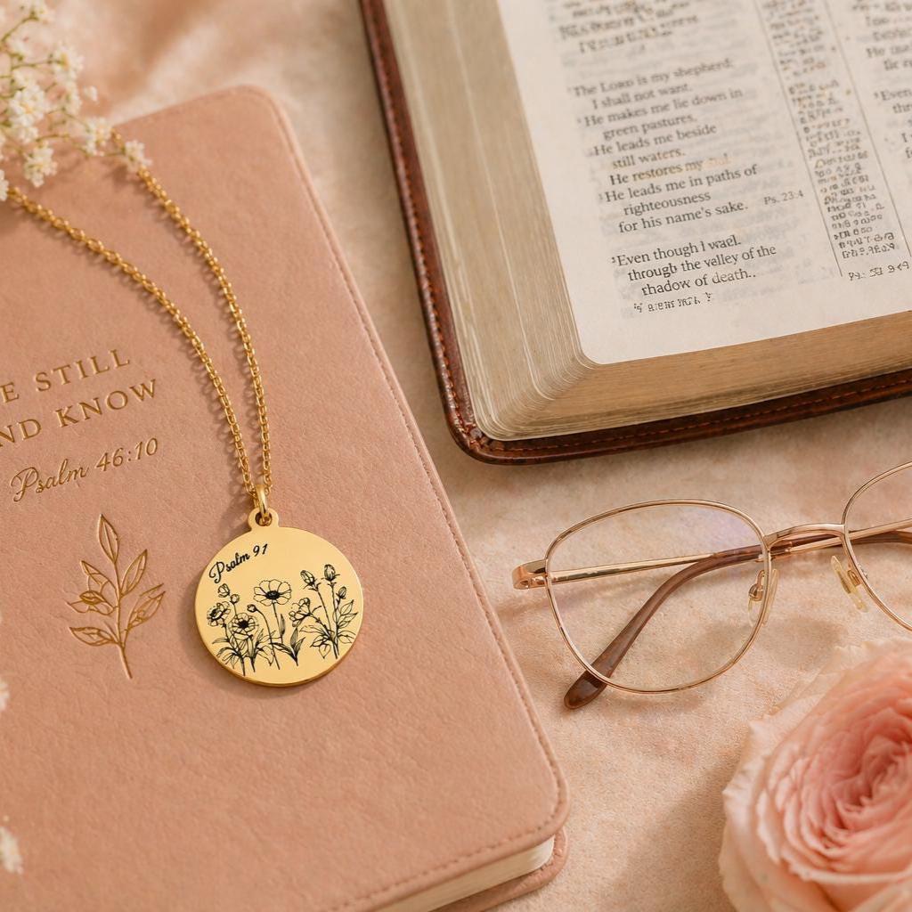 Psalm 91 Necklace for Protection | Engraved Flower Bouquet Pendant | Christian Gift for Women | Faith Jewelry Mothers Day Gift