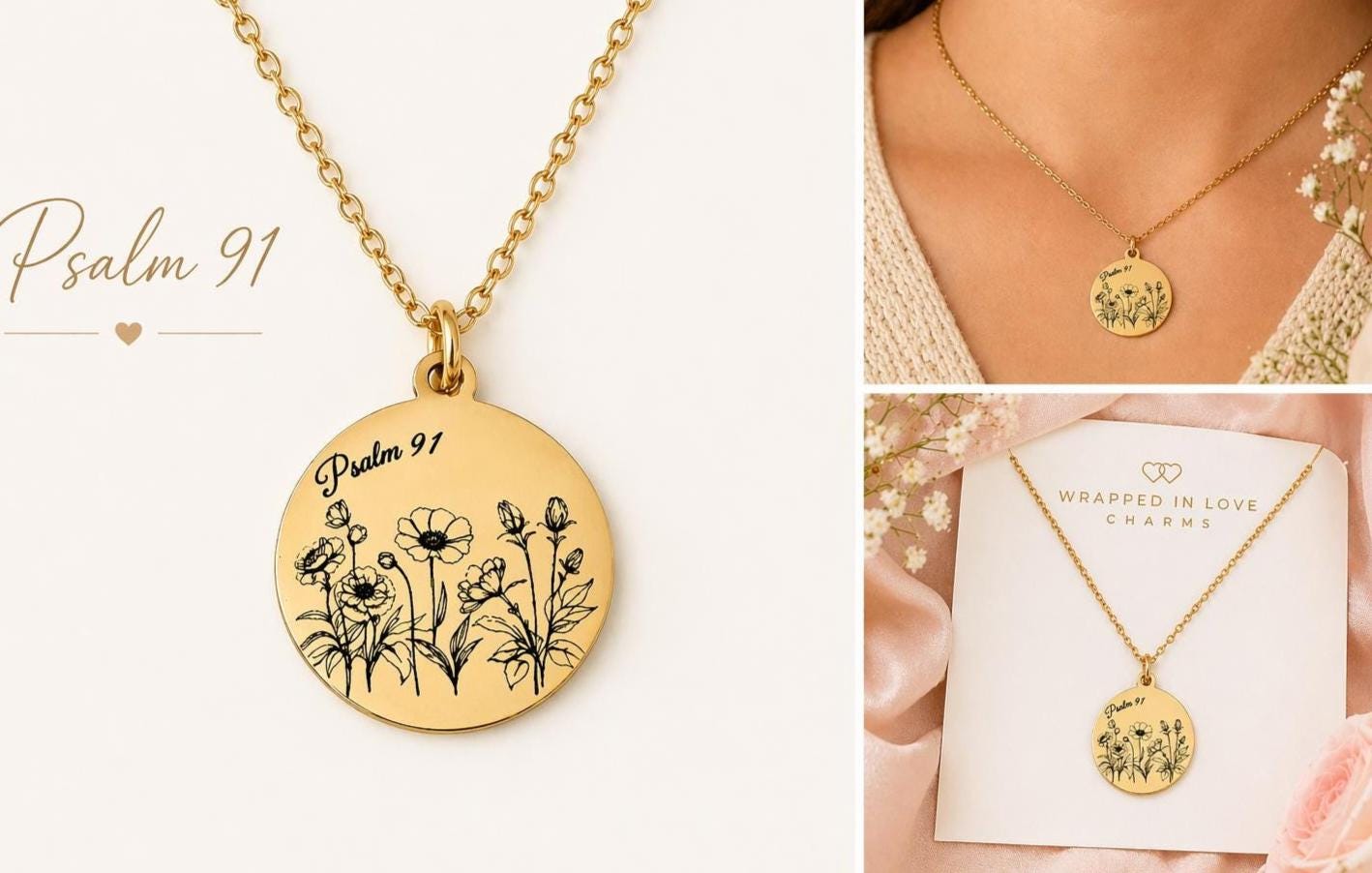Psalm 91 Necklace for Protection | Engraved Flower Bouquet Pendant | Christian Gift for Women | Faith Jewelry Mothers Day Gift