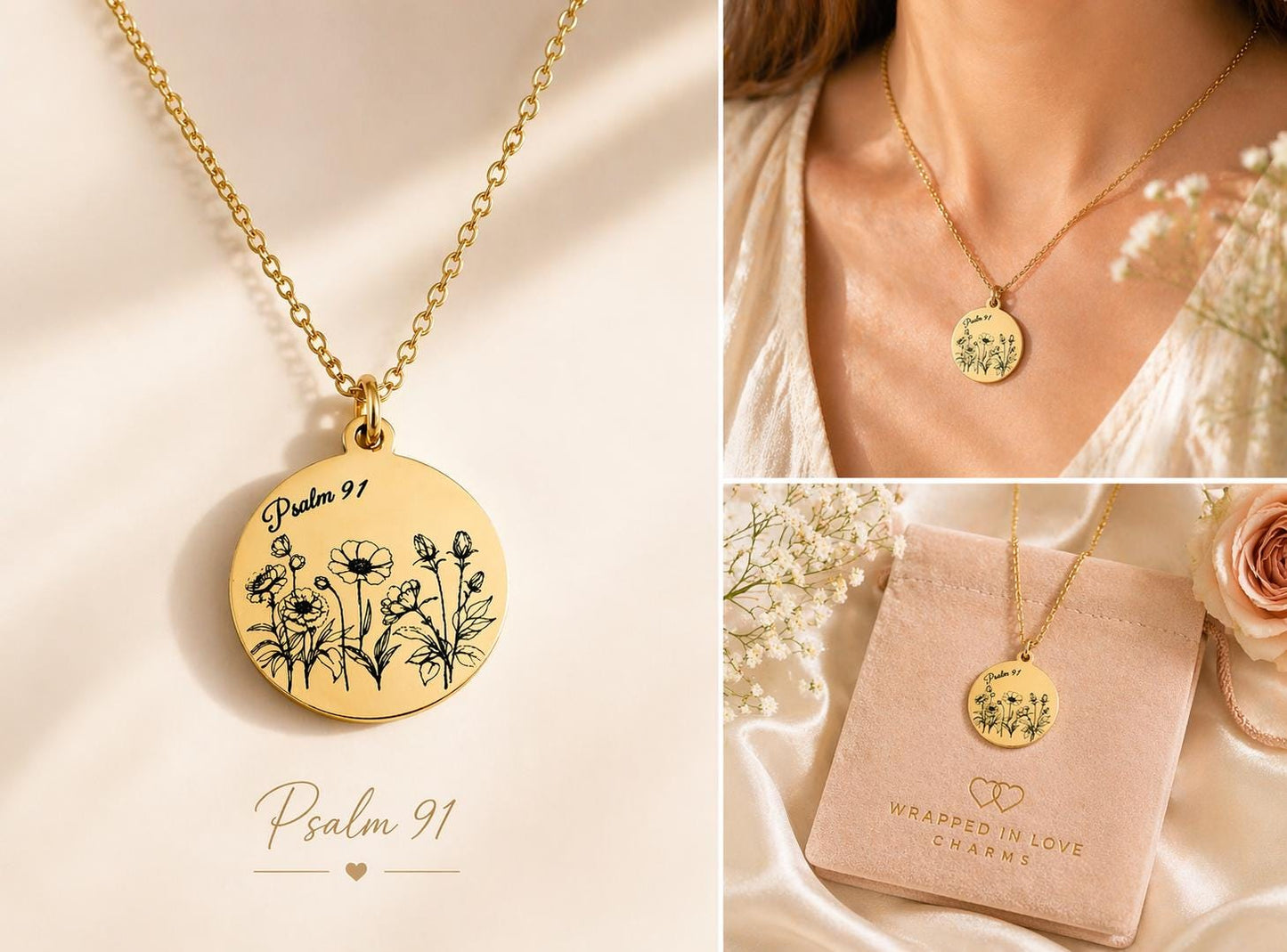 Psalm 91 Necklace for Protection | Engraved Flower Bouquet Pendant | Christian Gift for Women | Faith Jewelry Mothers Day Gift