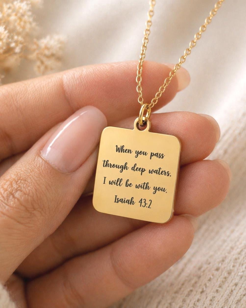 When You Go Through Deep Waters Necklace, Isaiah 43:2 Christian Necklace, Faith Jewelry Gift for Her, Encouragement Gift, Bible Verse Charm