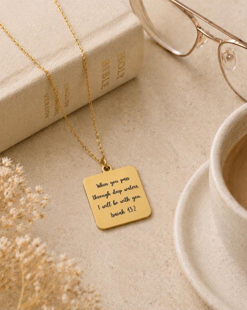 When You Go Through Deep Waters Necklace, Isaiah 43:2 Christian Necklace, Faith Jewelry Gift for Her, Encouragement Gift, Bible Verse Charm