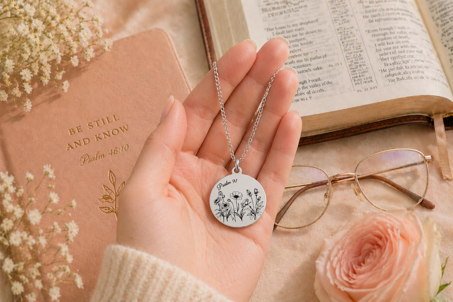 Psalm 91 Necklace for Protection | Engraved Flower Bouquet Pendant | Christian Gift for Women | Faith Jewelry Mothers Day Gift