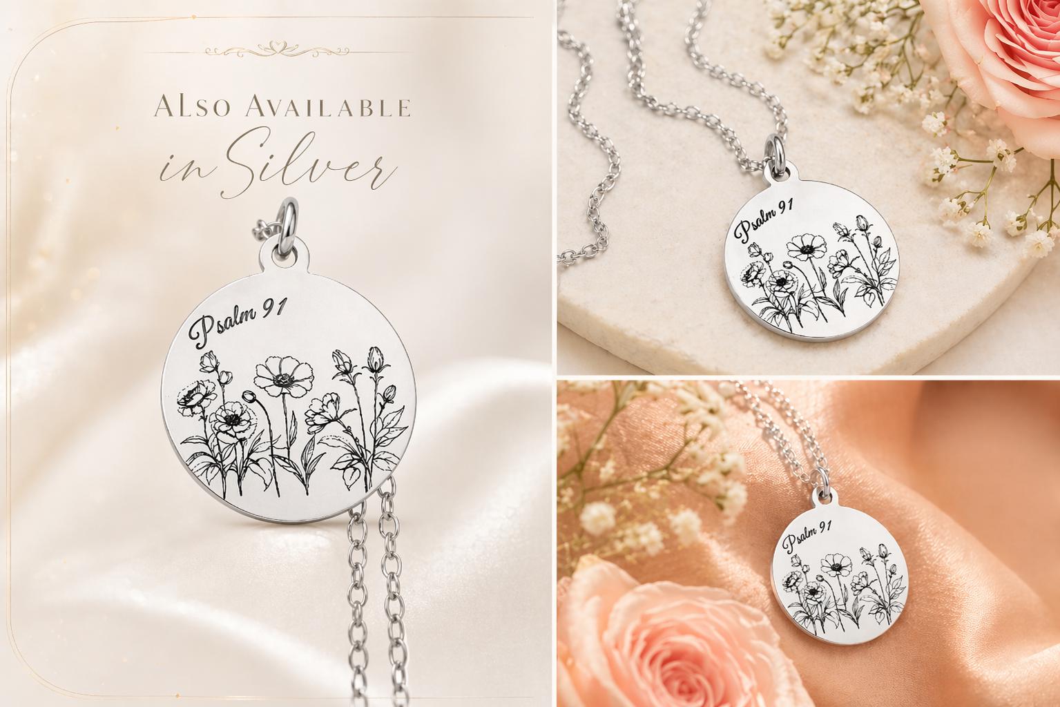 Psalm 91 Necklace for Protection | Engraved Flower Bouquet Pendant | Christian Gift for Women | Faith Jewelry Mothers Day Gift