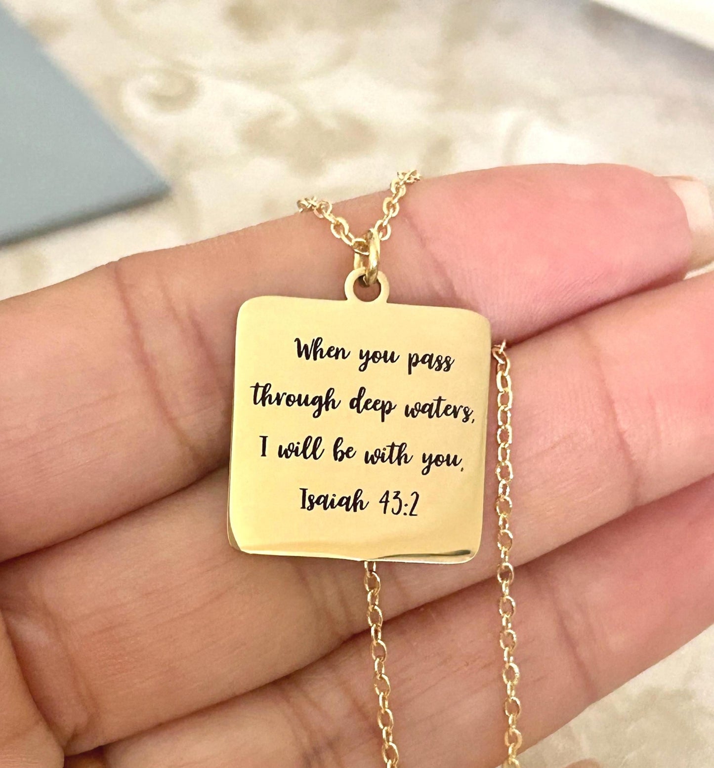 When You Go Through Deep Waters Necklace, Isaiah 43:2 Christian Necklace, Faith Jewelry Gift for Her, Encouragement Gift, Bible Verse Charm