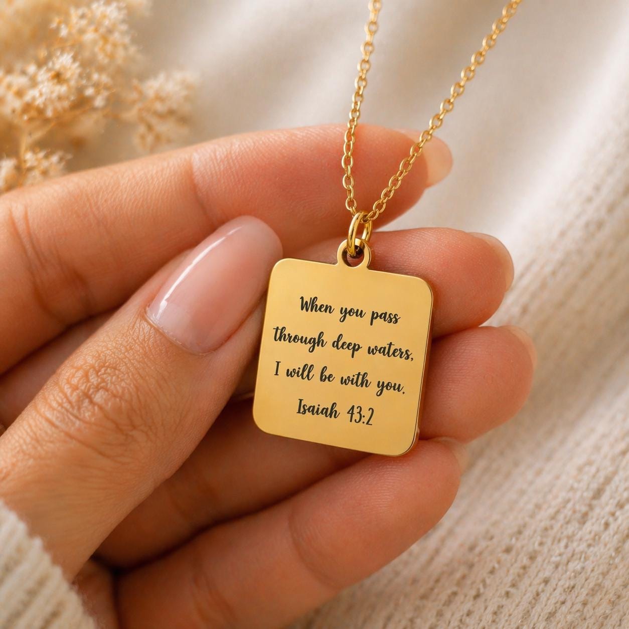 When You Go Through Deep Waters Necklace, Isaiah 43:2 Christian Necklace, Faith Jewelry Gift for Her, Encouragement Gift, Bible Verse Charm