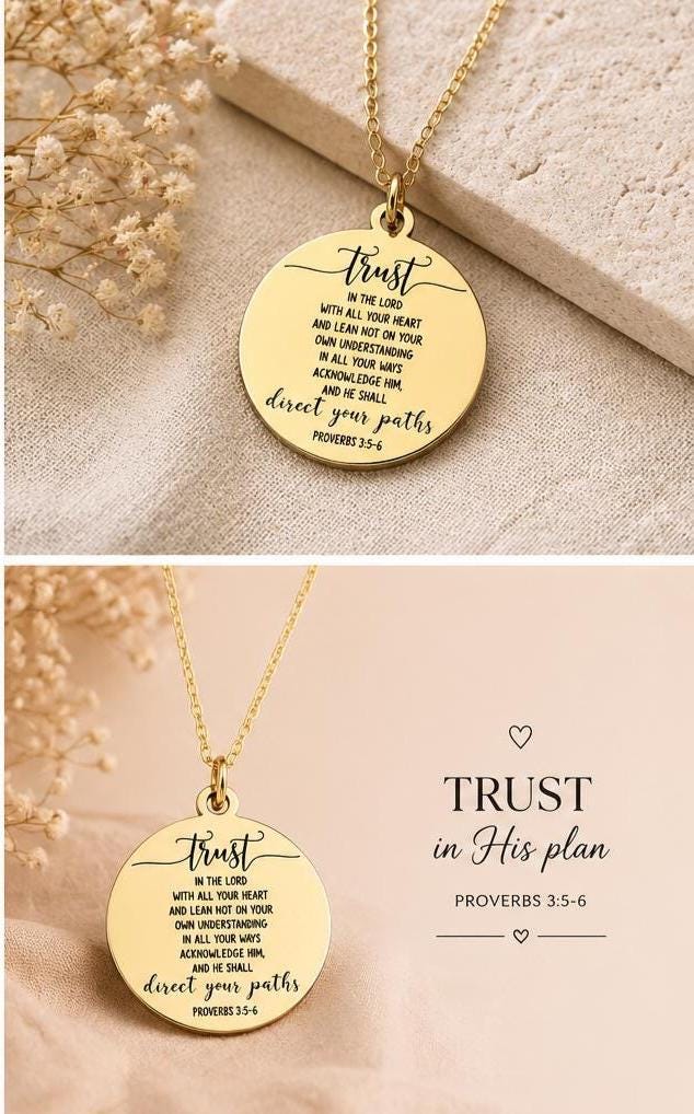 Trust in the Lord Necklace Proverbs 3:5-6 | Christian Gift for Women | Bible Verse Jewelry | Faith Necklace Gold | Inspirational Gift