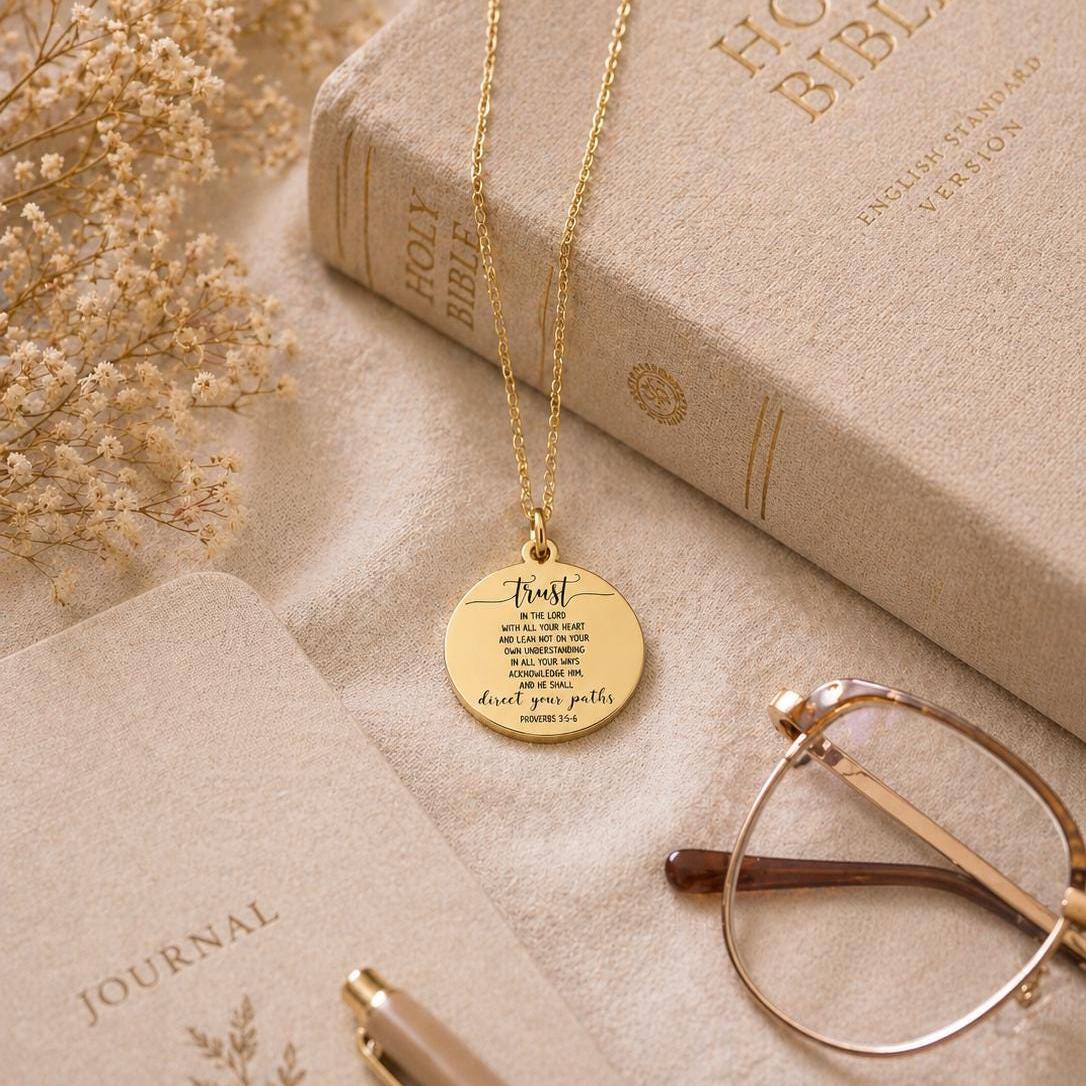 Trust in the Lord Necklace Proverbs 3:5-6 | Christian Gift for Women | Bible Verse Jewelry | Faith Necklace Gold | Inspirational Gift
