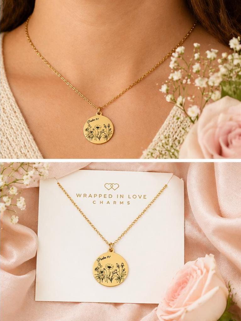Psalm 91 Necklace for Protection | Engraved Flower Bouquet Pendant | Christian Gift for Women | Faith Jewelry Mothers Day Gift
