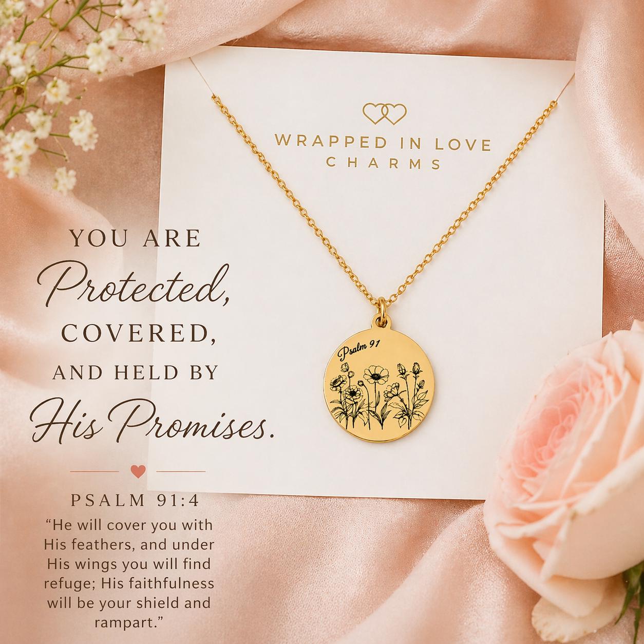 Psalm 91 Necklace for Protection | Engraved Flower Bouquet Pendant | Christian Gift for Women | Faith Jewelry Mothers Day Gift