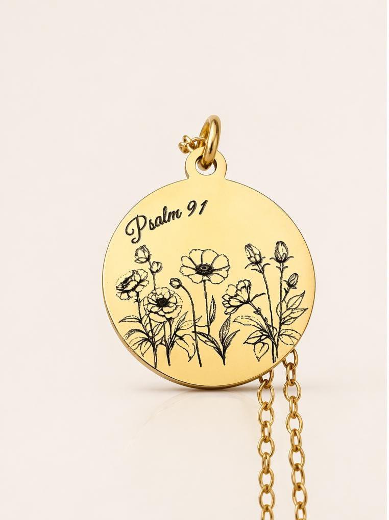 Psalm 91 Necklace for Protection | Engraved Flower Bouquet Pendant | Christian Gift for Women | Faith Jewelry Mothers Day Gift