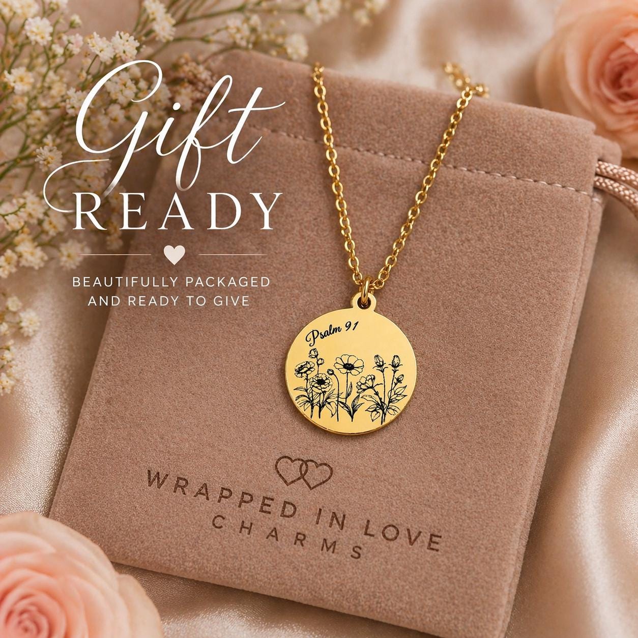 Psalm 91 Necklace for Protection | Engraved Flower Bouquet Pendant | Christian Gift for Women | Faith Jewelry Mothers Day Gift