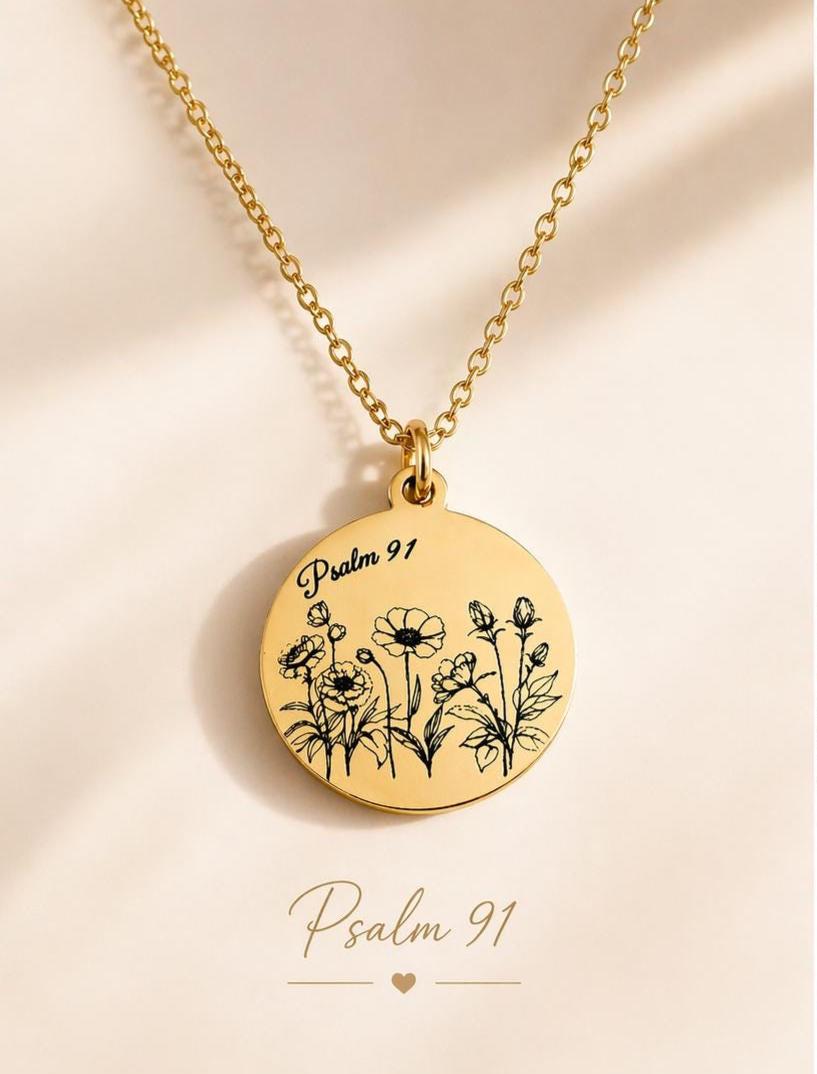 Psalm 91 Necklace for Protection | Engraved Flower Bouquet Pendant | Christian Gift for Women | Faith Jewelry Mothers Day Gift