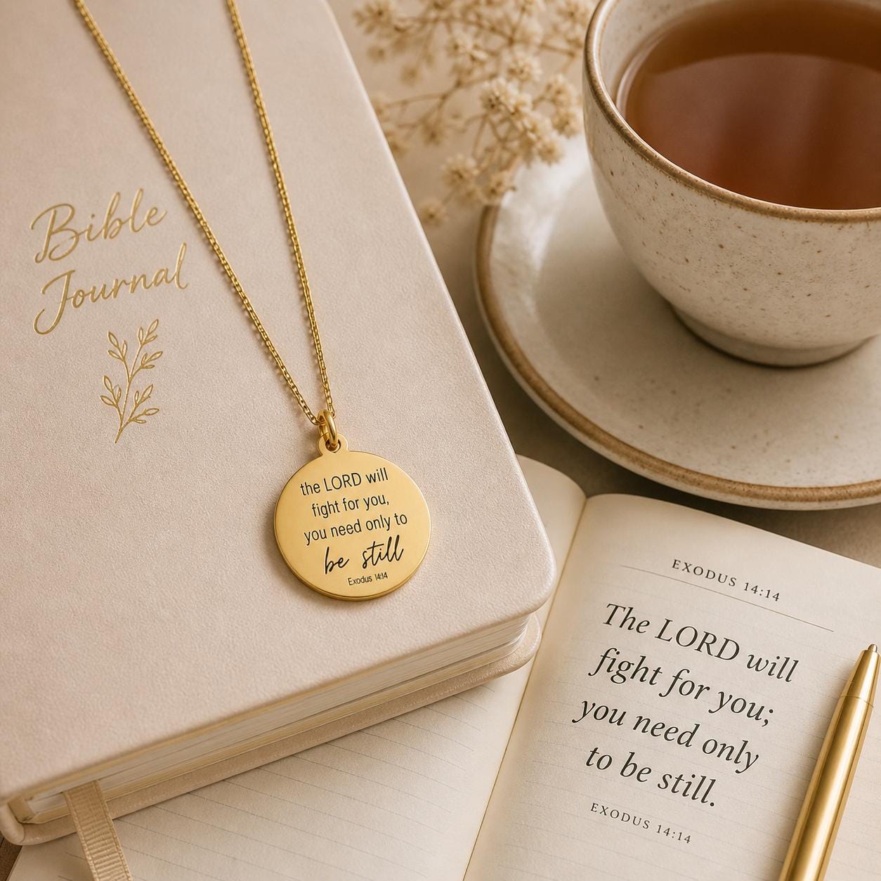 Gold Exodus 14:14 Charm Necklace, Personalized Christian Jewelry