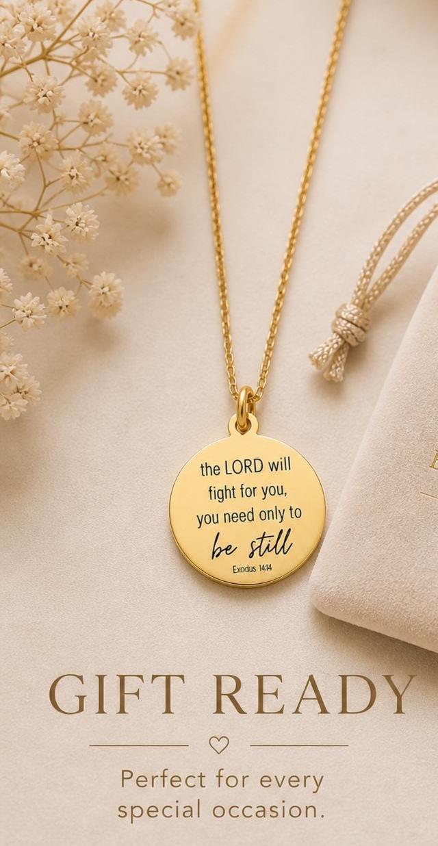 Gold Exodus 14:14 Charm Necklace, Personalized Christian Jewelry