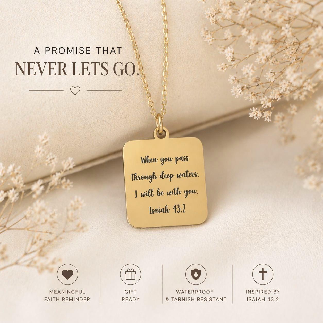 When You Go Through Deep Waters Necklace, Isaiah 43:2 Christian Necklace, Faith Jewelry Gift for Her, Encouragement Gift, Bible Verse Charm