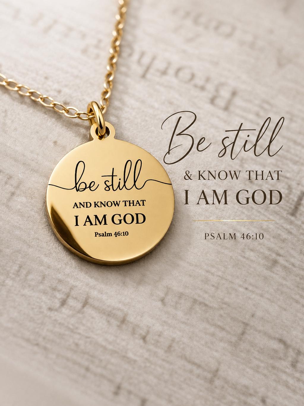 May include: A gold-colored pendant necklace with a round charm. The charm has the words "be still and know that I am God" and "Psalm 46:10" engraved on it. The necklace is on a light-colored background.