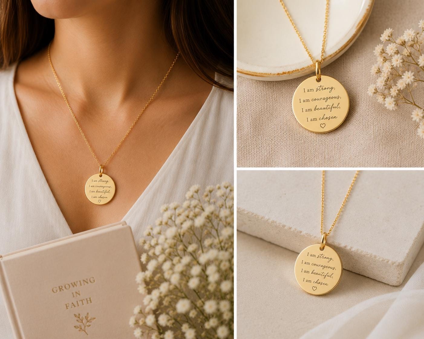 Inspirational Christian Necklace for Her | I Am Strong Courageous Beautiful Chosen Necklace | Faith Based Graduation Gift for Women