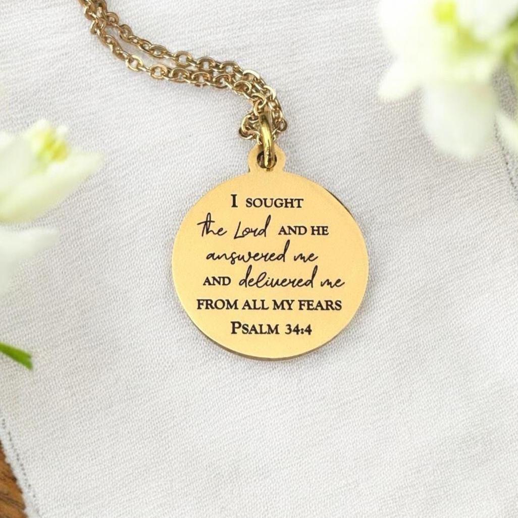 Psalm 34:4 Necklace | I Sought the Lord and He Answered Me Necklace | Christian Necklace | Bible Verse Jewelry | Faith Gift for Women