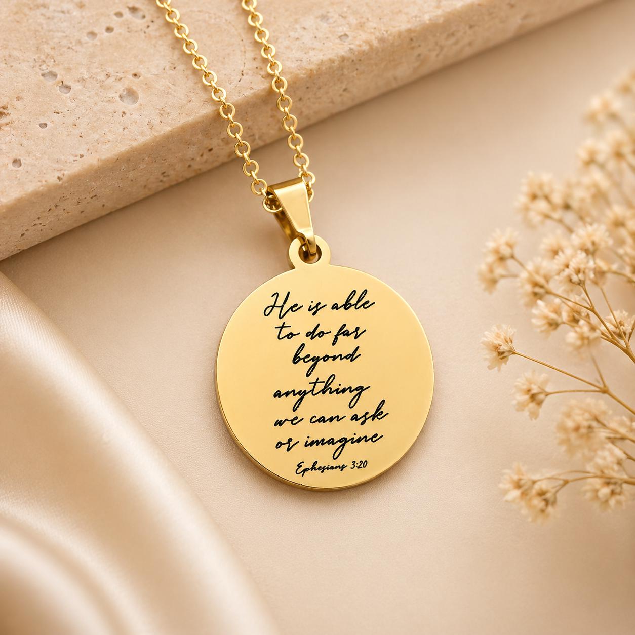 Ephesians 3:20 Necklace | He Is Able Pendant | Christian Gift for Women | Bible Verse Jewelry | Faith Necklace Gold | Inspirational Gift