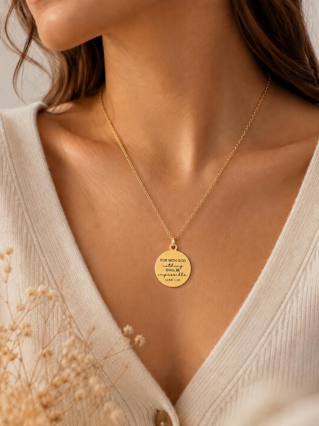 Luke 1:37 Necklace – “For With God Nothing Shall Be Impossible” Bible Verse Pendant | Christian Faith Jewelry Gift