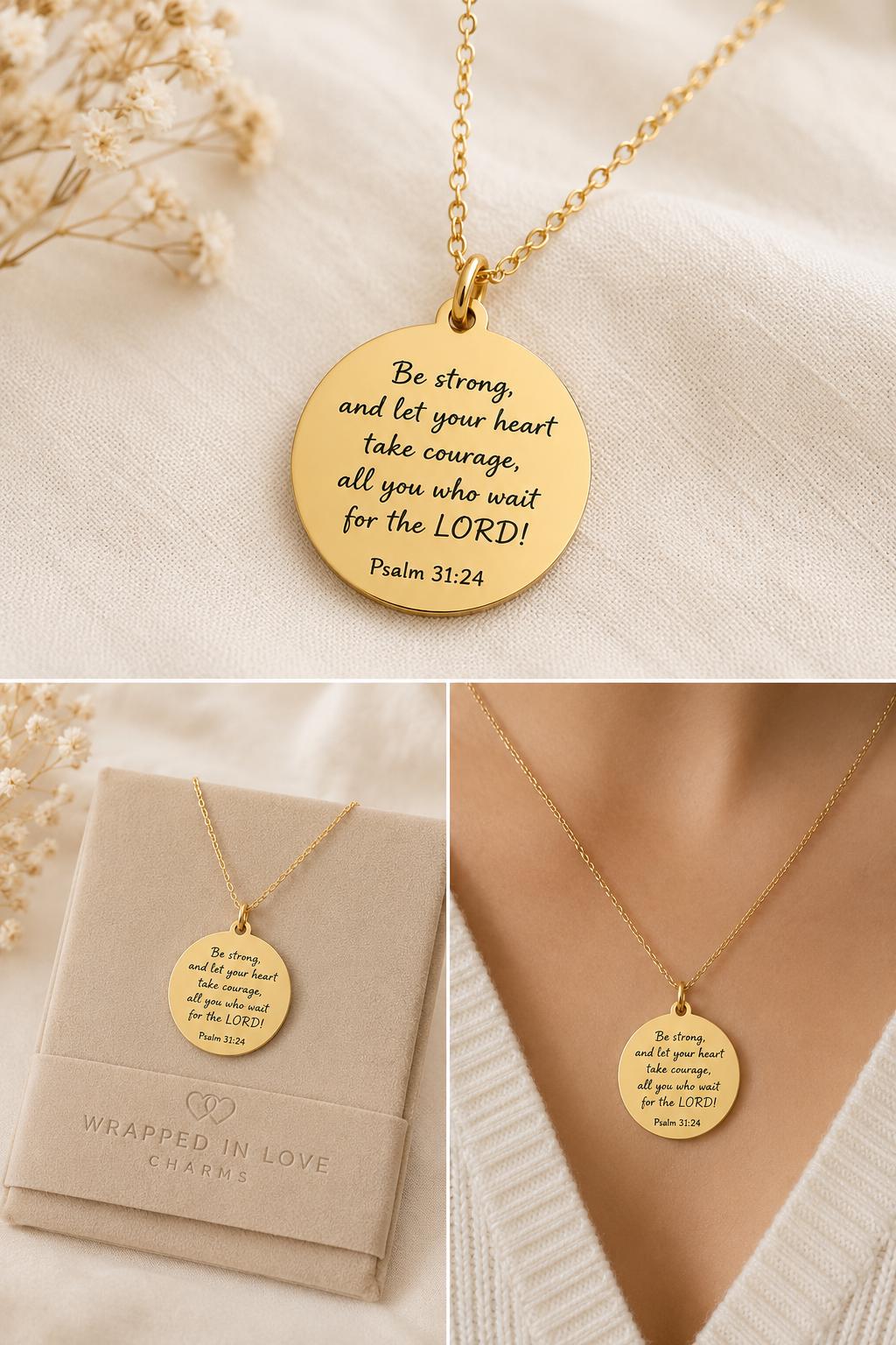 Be Strong and Let Your Heart Take Courage, Psalm 31:24 Necklace, Faith Gift for Women, Encouragement Gift, Christian Necklace