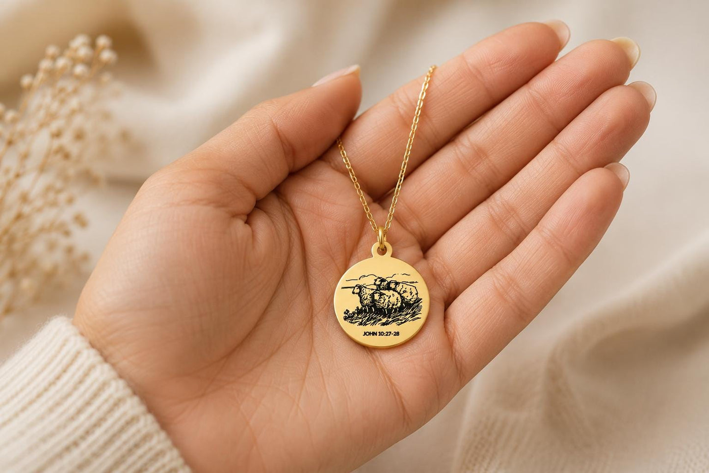 Good Shepherd Necklace, John 10:27-28, 14K Gold Charm Necklace Christian Gifts Custom Gifts