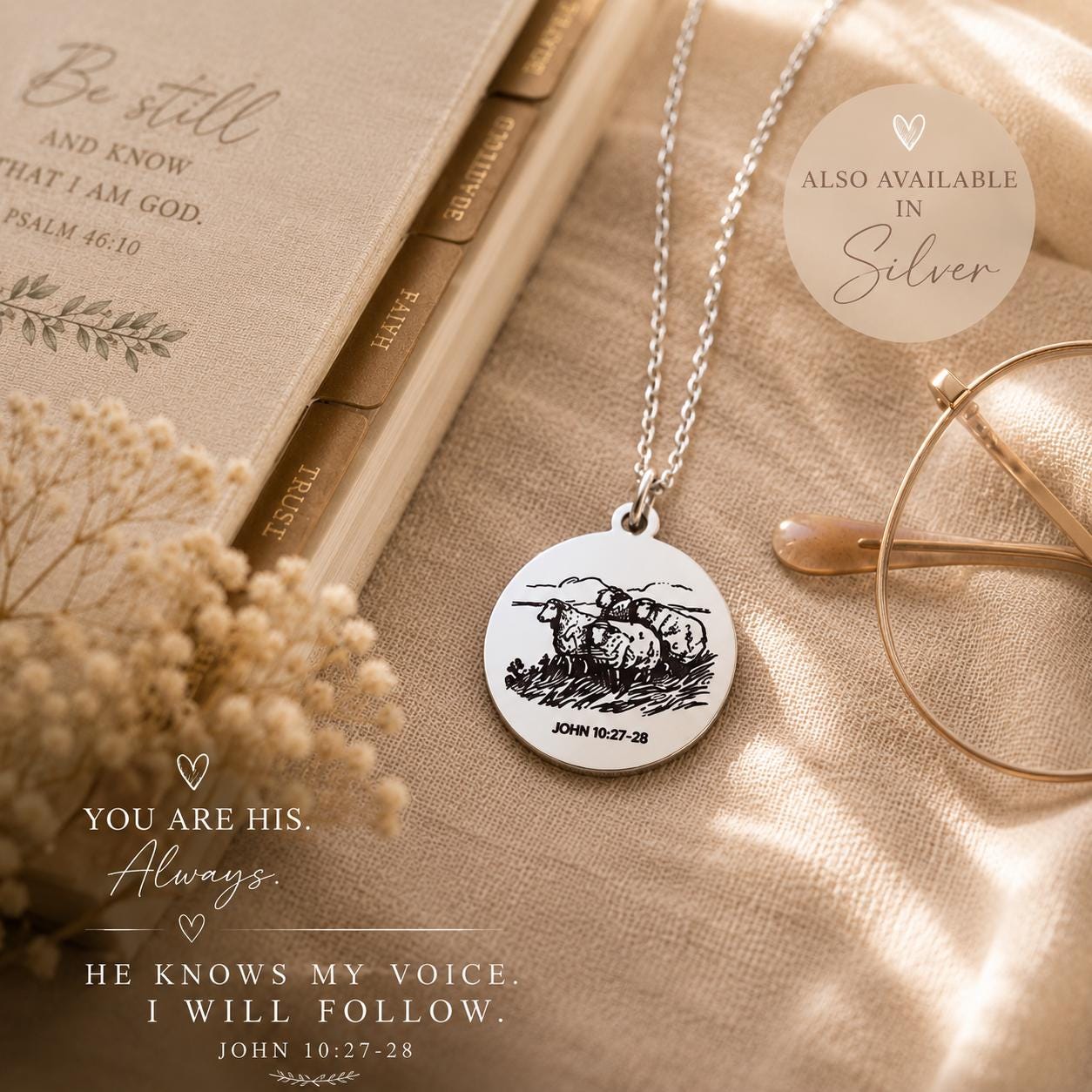 Good Shepherd Necklace, John 10:27-28, 14K Gold Charm Necklace Christian Gifts Custom Gifts