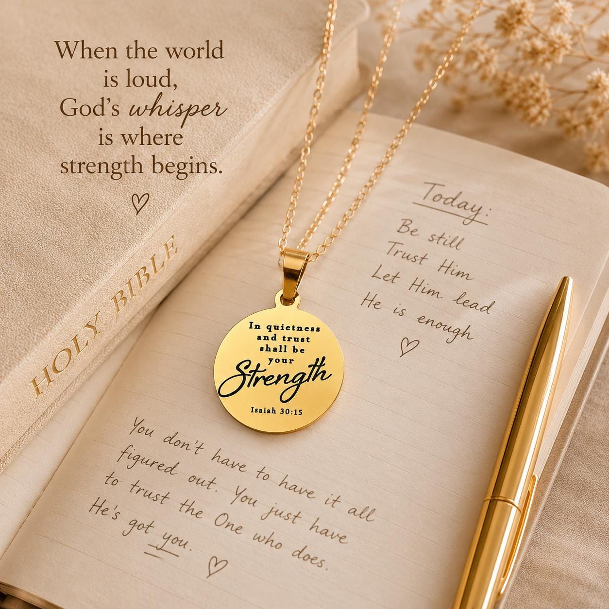 In Quietness and Trust Shall Be Your Strength Necklace | Isaiah 30:15 Bible Verse Jewelry | Christian Gift for Women | Faith Pendant