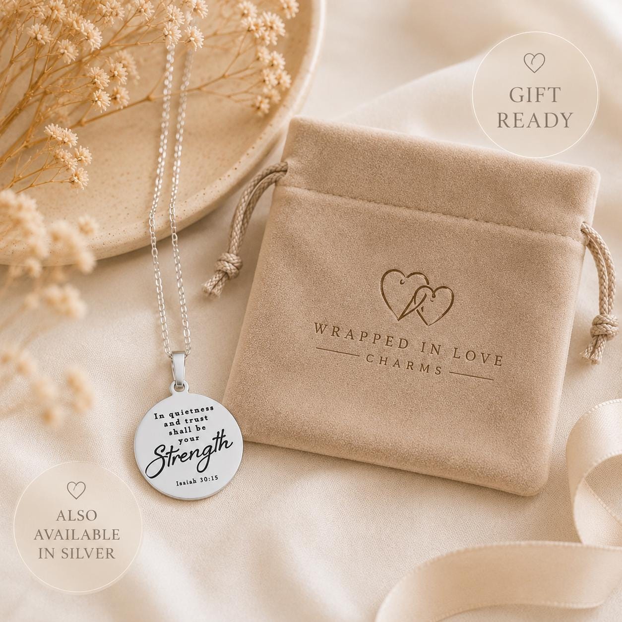 In Quietness and Trust Shall Be Your Strength Necklace | Isaiah 30:15 Bible Verse Jewelry | Christian Gift for Women | Faith Pendant