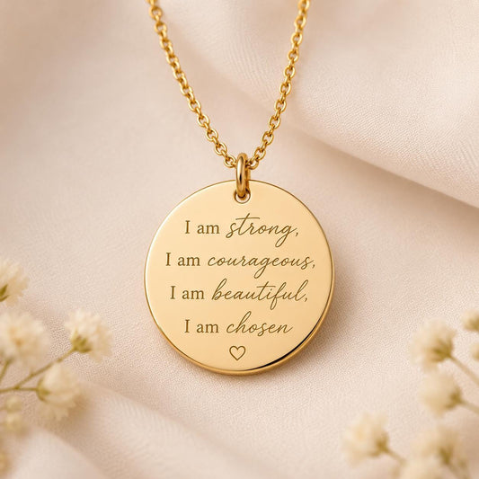 Inspirational Christian Necklace for Her | I Am Strong Courageous Beautiful Chosen Necklace | Faith Based Graduation Gift for Women