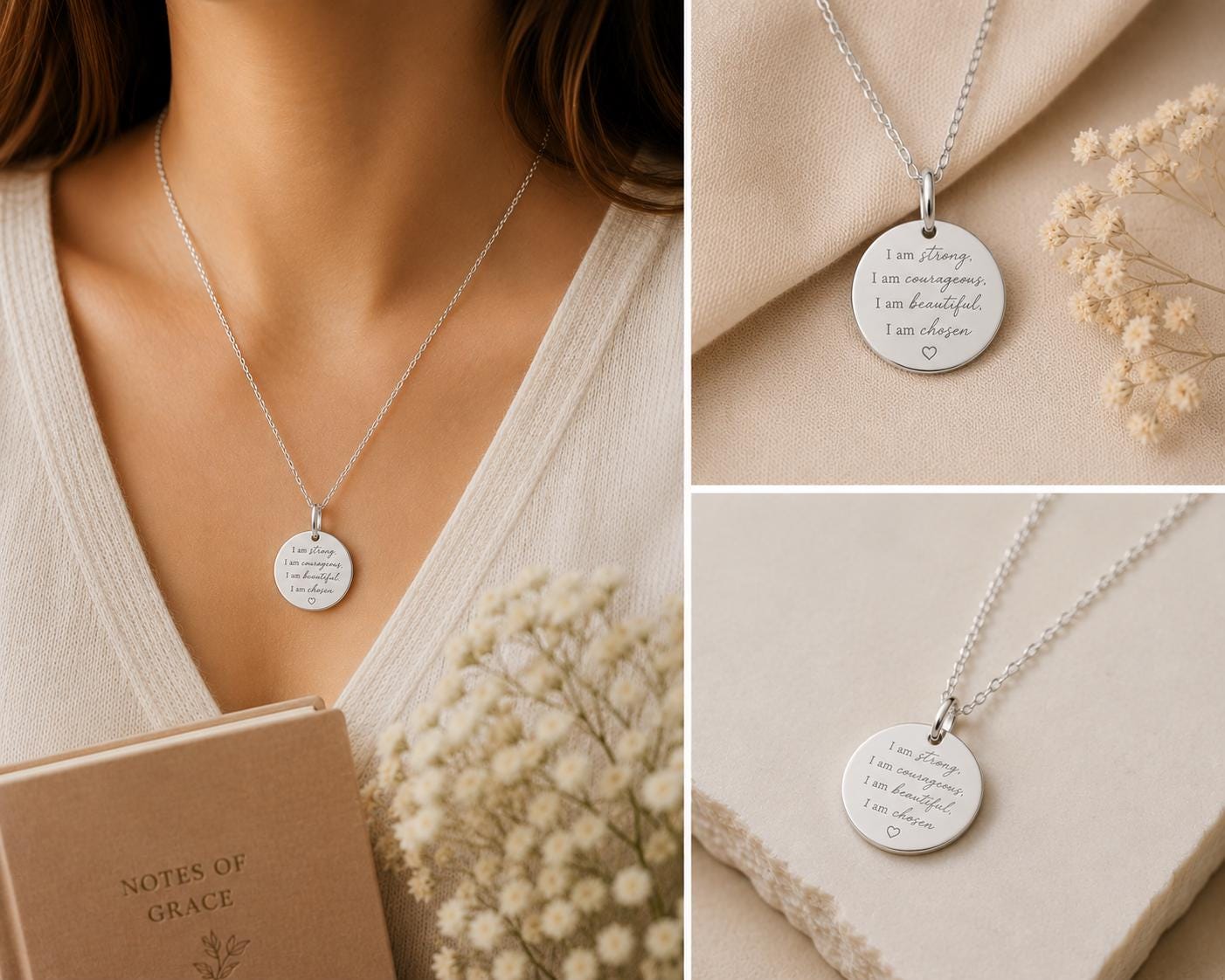 Inspirational Christian Necklace for Her | I Am Strong Courageous Beautiful Chosen Necklace | Faith Based Graduation Gift for Women