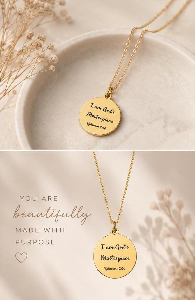 I Am God's Masterpiece Bible Verse Necklace, Ephesians 2:10 Christians Gift for Women Mothers Day Gift, Encouragement Faith Gift