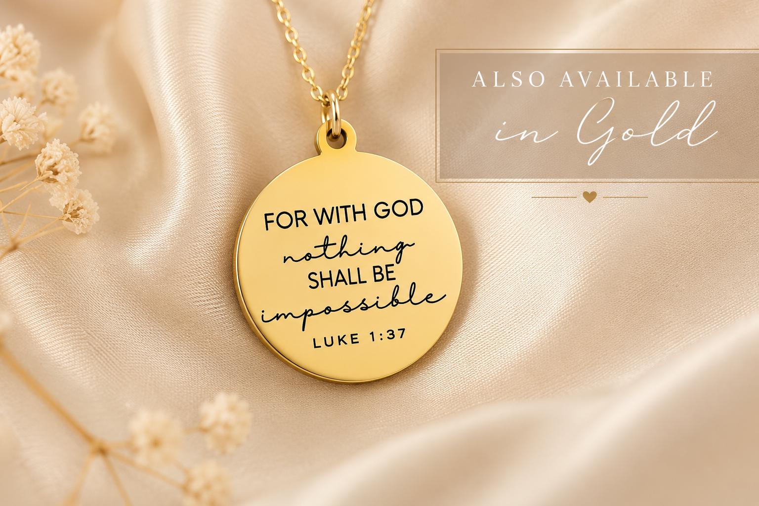 Luke 1:37 Necklace – “For With God Nothing Shall Be Impossible” Bible Verse Pendant | Christian Faith Jewelry Gift