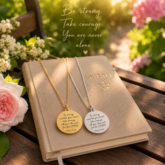 Be Strong and Let Your Heart Take Courage, Psalm 31:24 Necklace, Faith Gift for Women, Encouragement Gift, Christian Necklace