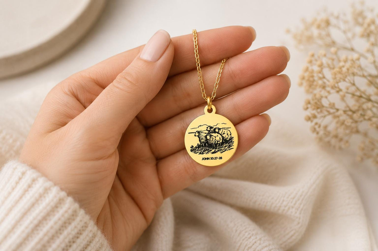 Good Shepherd Necklace, John 10:27-28, 14K Gold Charm Necklace Christian Gifts Custom Gifts