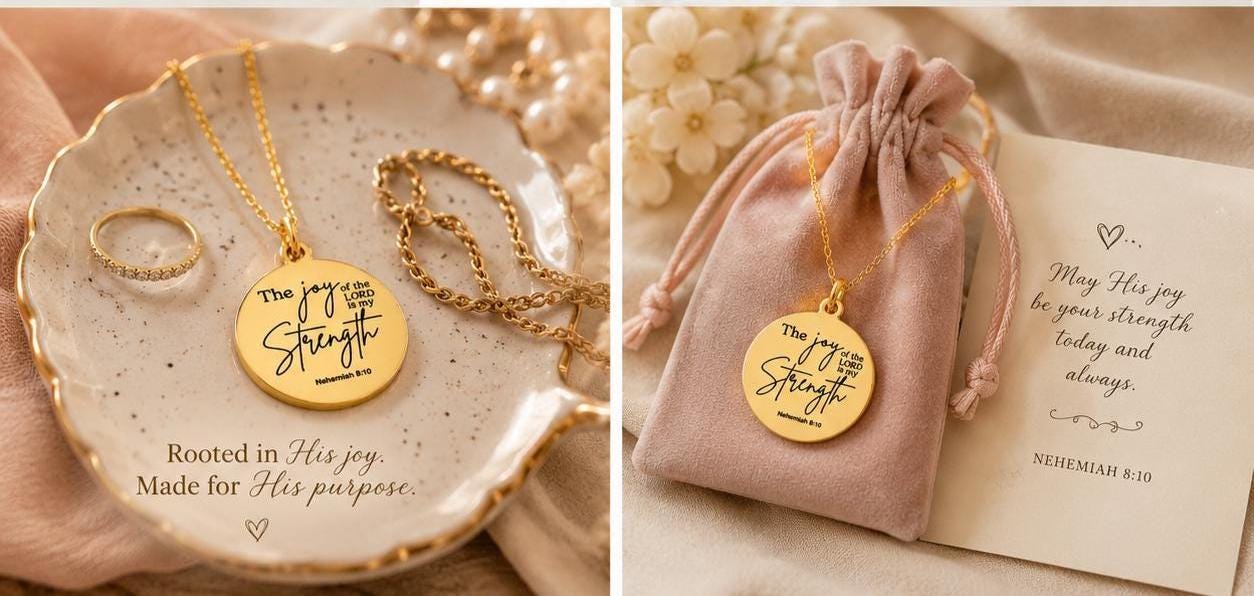Gold Plated Christian Necklace: Engraved Bible Verse Jewelry The Joy of The Lord is My Strength