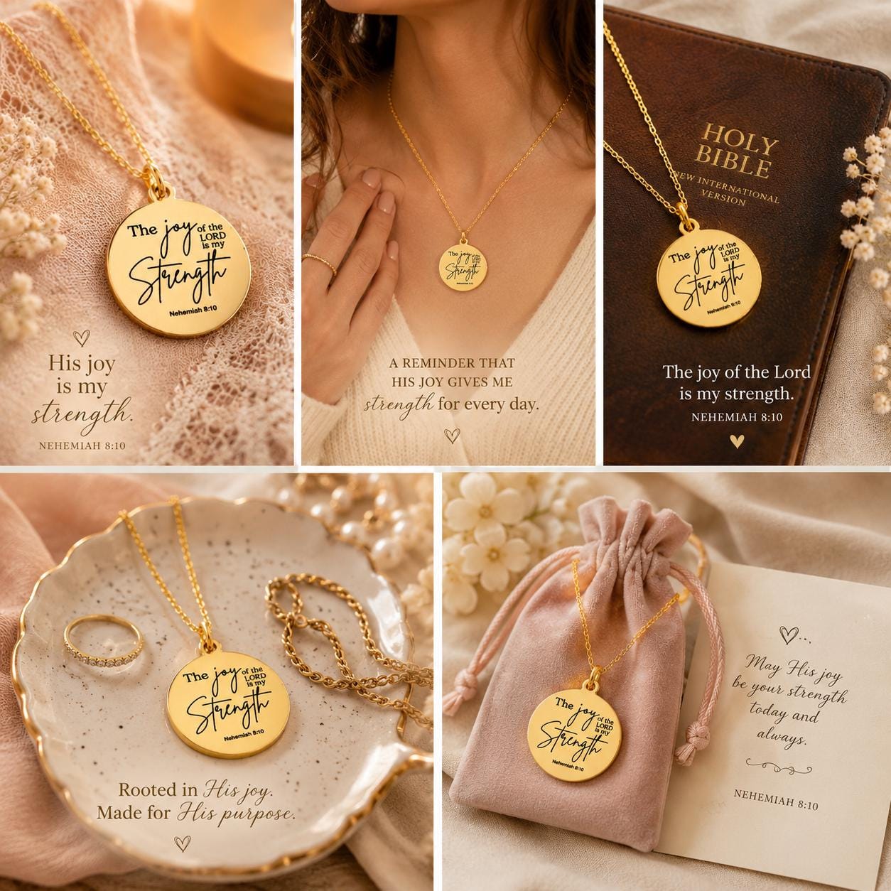 Gold Plated Christian Necklace: Engraved Bible Verse Jewelry The Joy of The Lord is My Strength